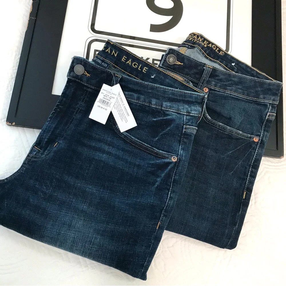 NWT Two Pair American Eagle Slim Straight Jeans 34x32